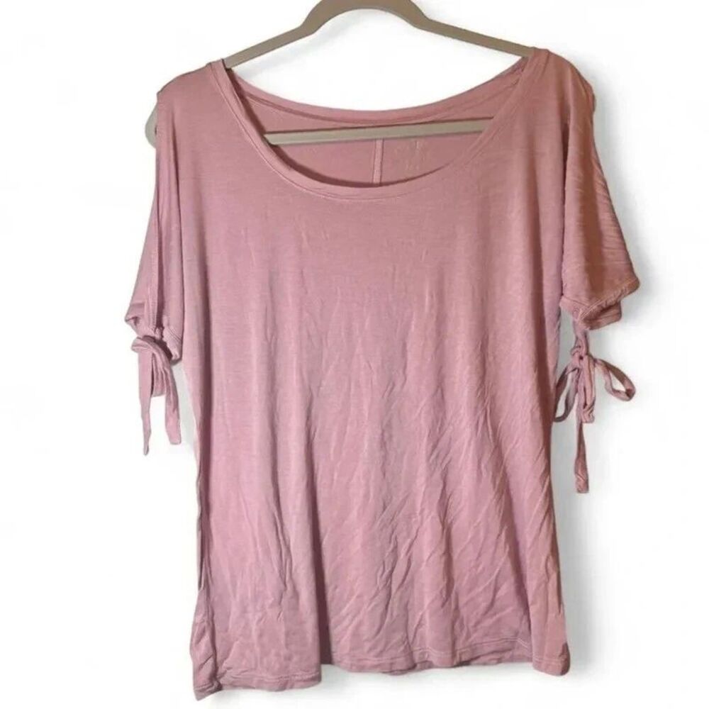 Womens Pink Cold Shoulder Tie Sleeve Scoop Neck Top Medium Casual Trendy Neutral